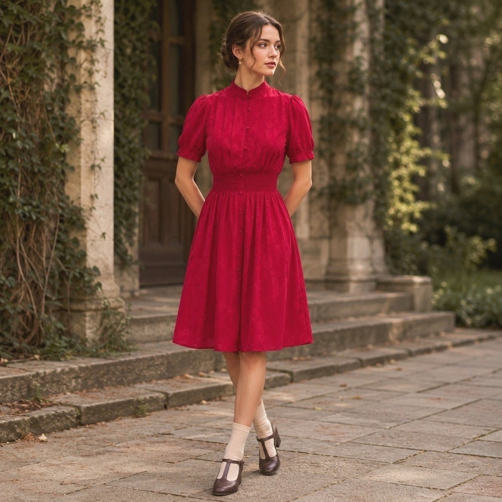 Maple 100% Silk Midi Tea Dress Red Leaf Jacquard Retro Romantic Coquette Sz 0